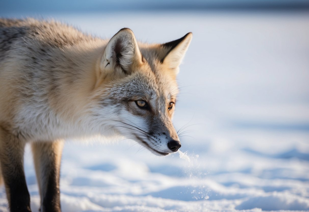 An arctic fox sniffs the air, its nose twitching as it detects the scent of prey on the icy tundra