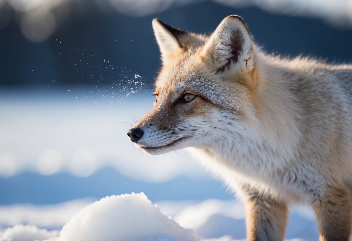 An arctic fox sniffs the air, its nose twitching as it detects the scent of snow, ice, and the faint odor of prey