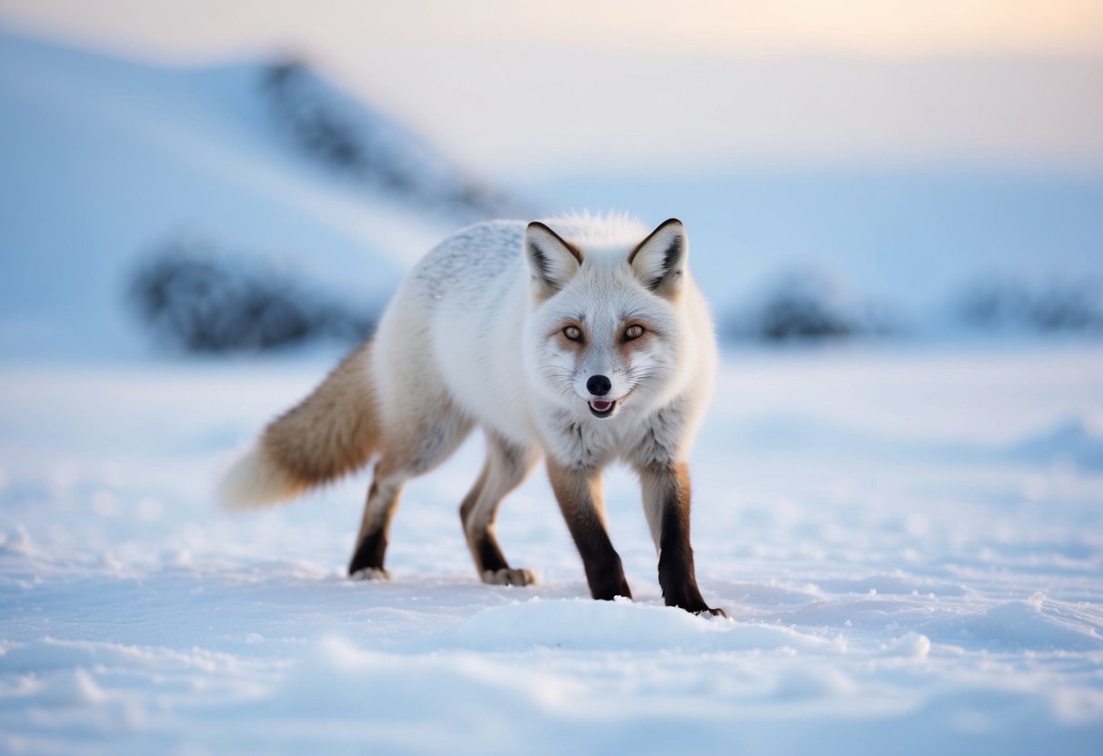 An arctic fox hunting for food in a snowy landscape, its white fur blending in with the icy surroundings