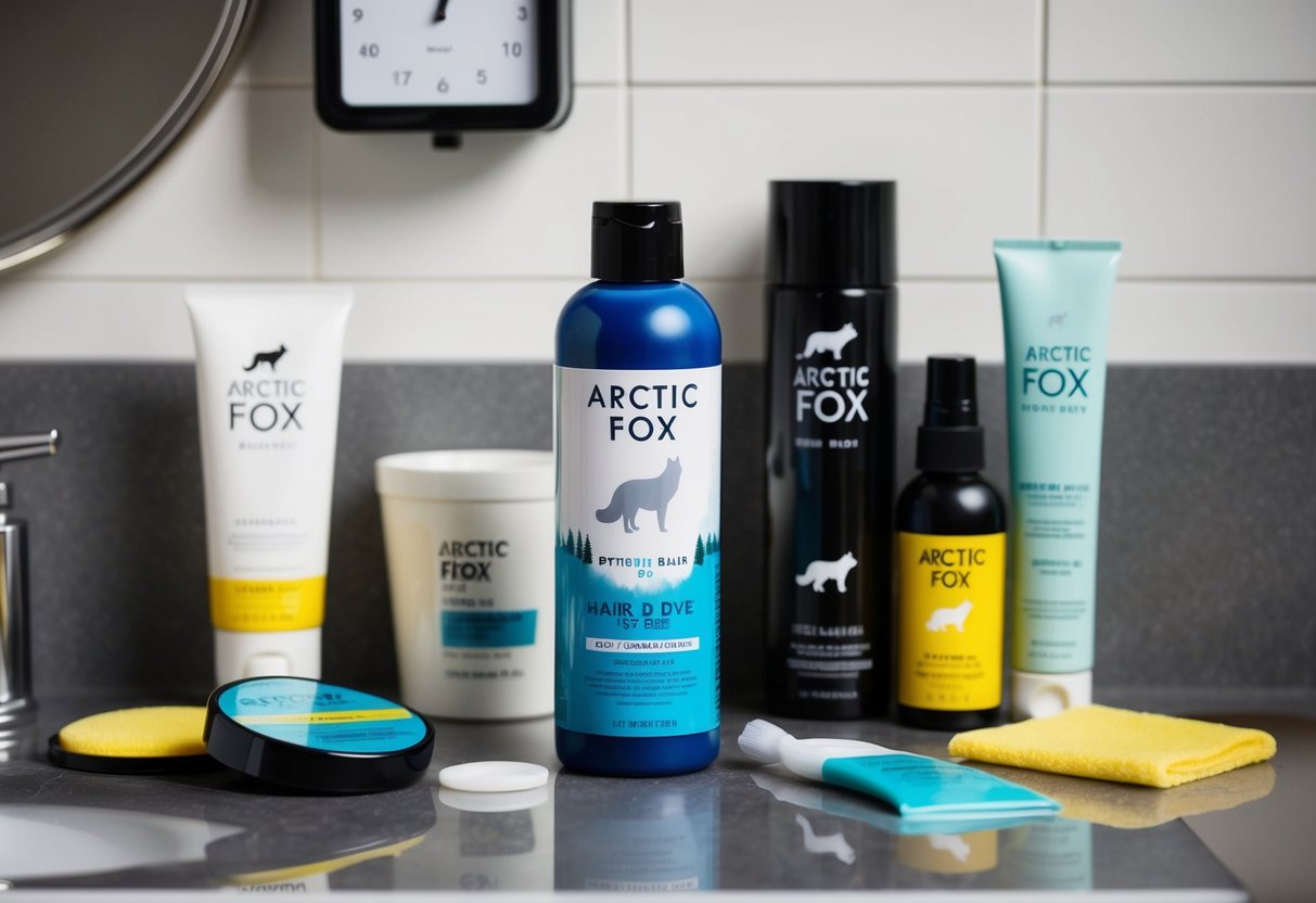 A bottle of Arctic Fox hair dye sits on a bathroom counter, surrounded by various hair care products. A timer on the wall indicates the passage of time