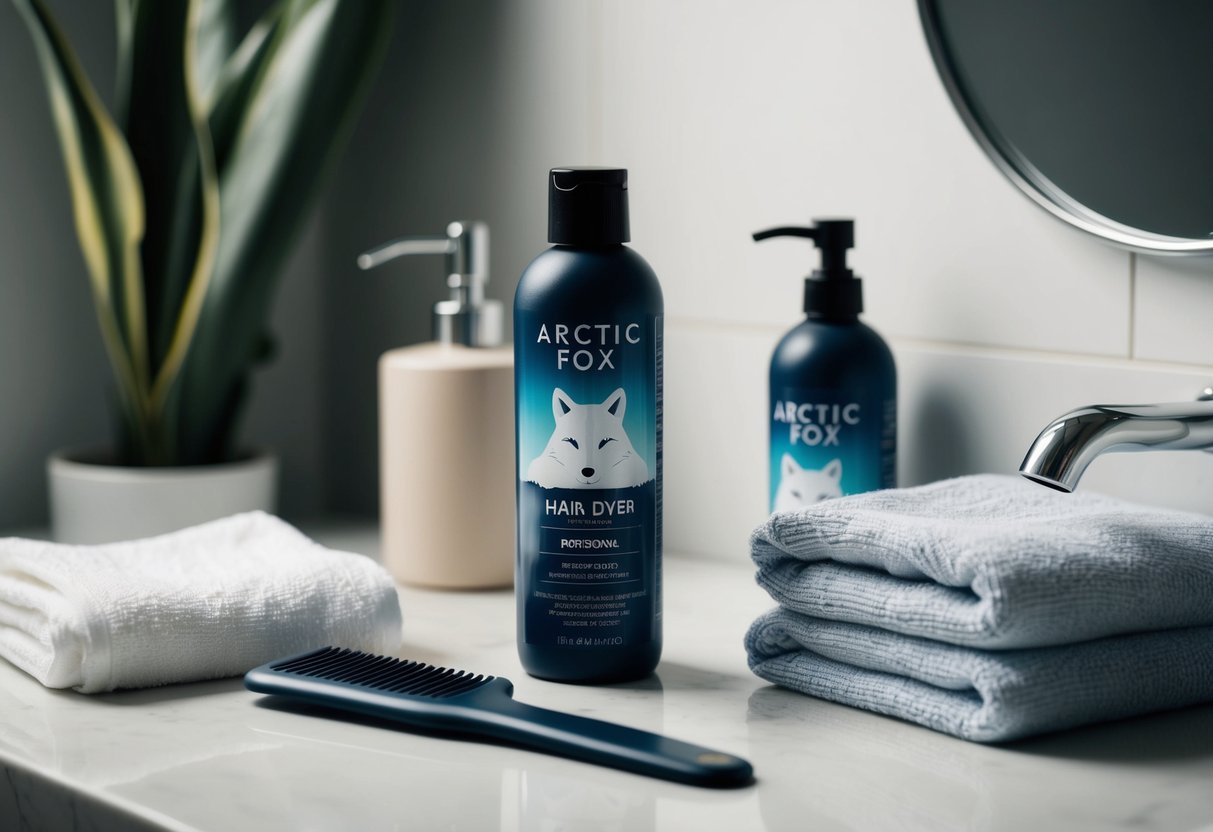 A bottle of Arctic Fox hair dye sits next to a damp towel and a comb on a bathroom counter