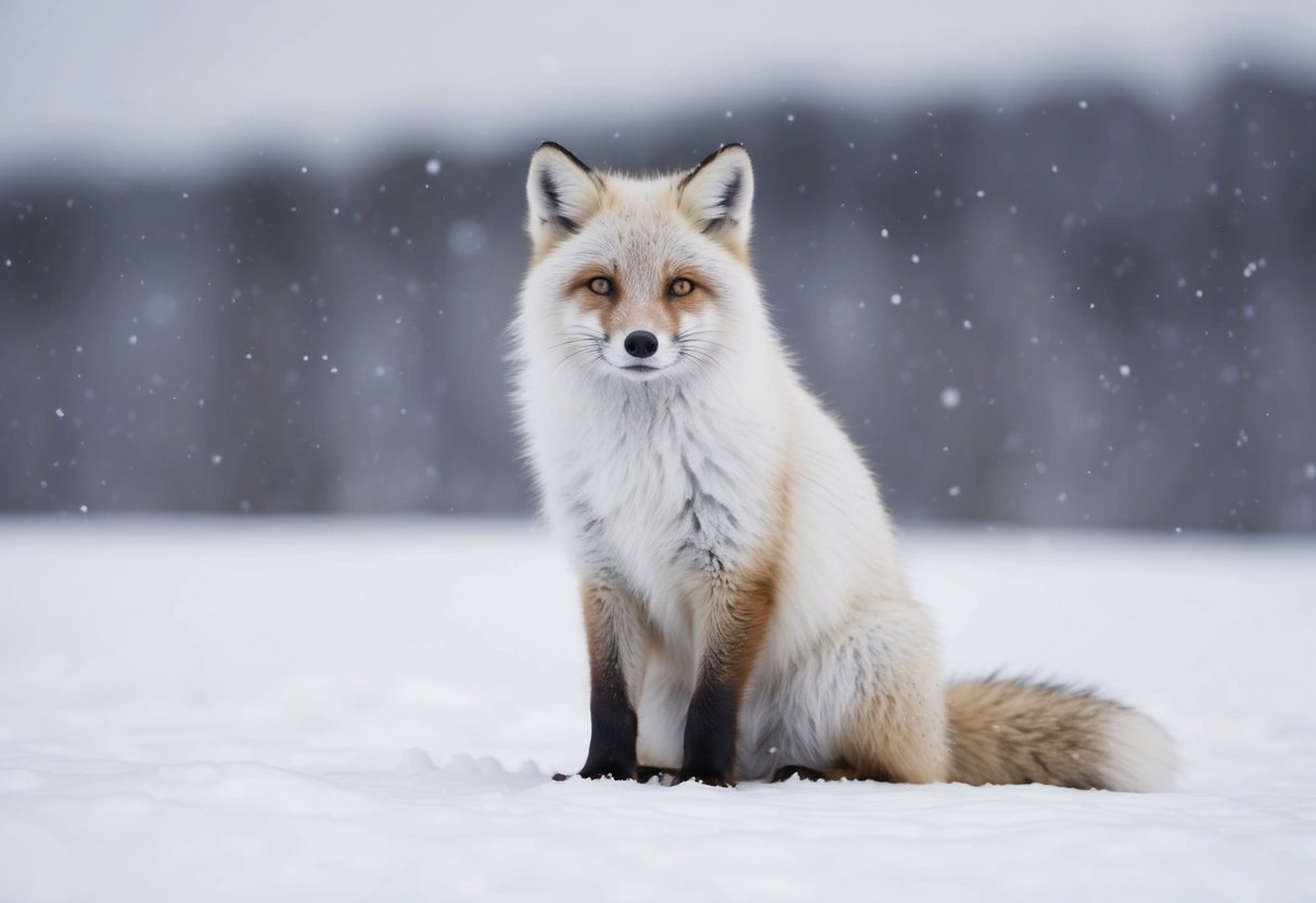 An arctic fox sits in a snowy landscape, its fur gleaming white and fluffy. Snowflakes fall gently around it as it gazes into the distance