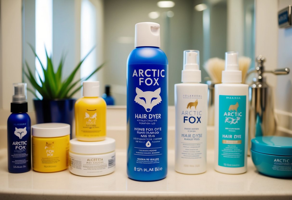 A bottle of Arctic Fox Hair Dye surrounded by various hair care products on a bathroom counter