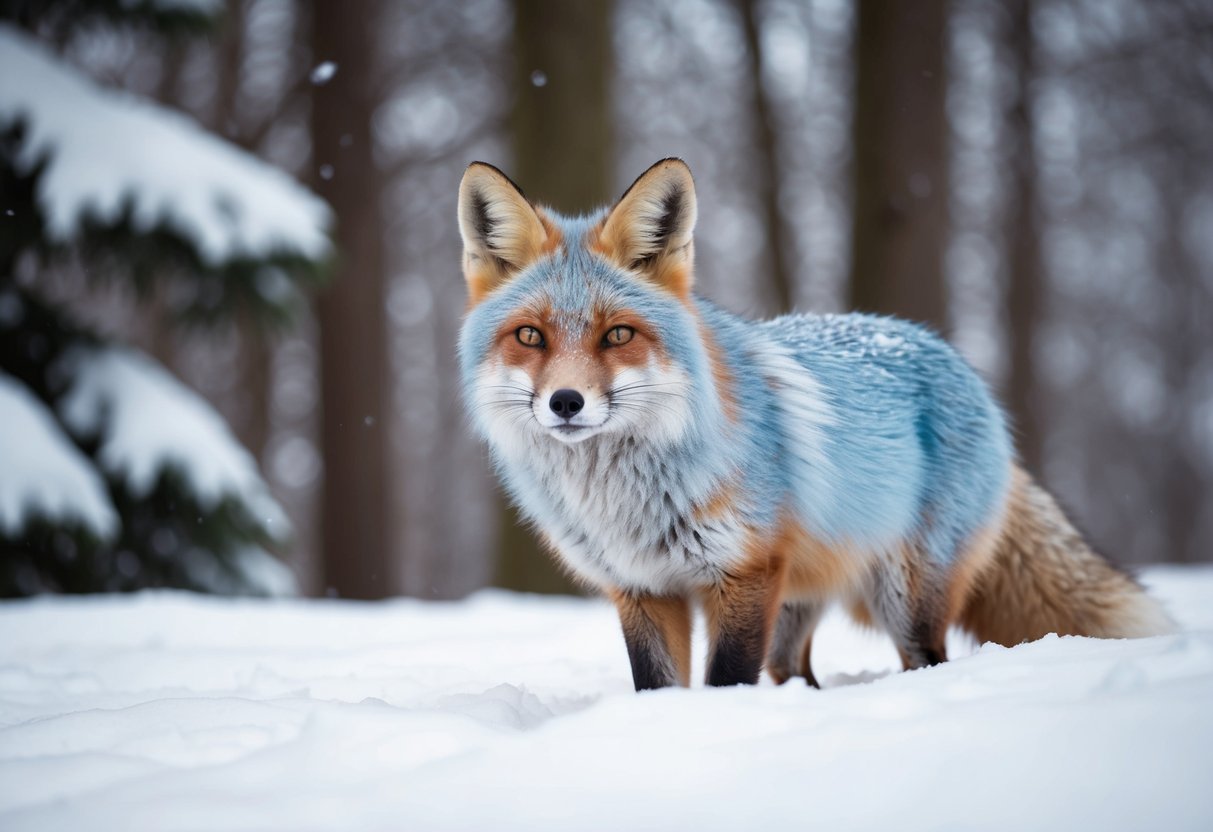 A fox with icy blue fur surrounded by snowy trees