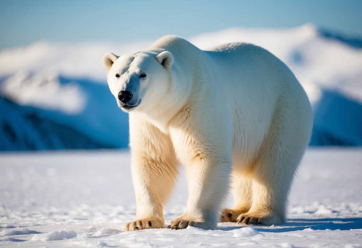 A polar bear with thick, white fur stands in a snowy landscape, its coat glistening in the sunlight