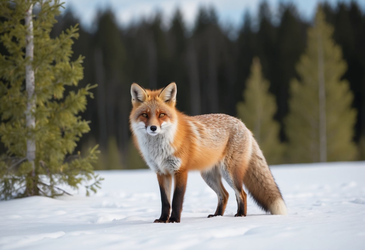 A fox with vibrant arctic fur stands in a snowy landscape, surrounded by healthy, lush trees