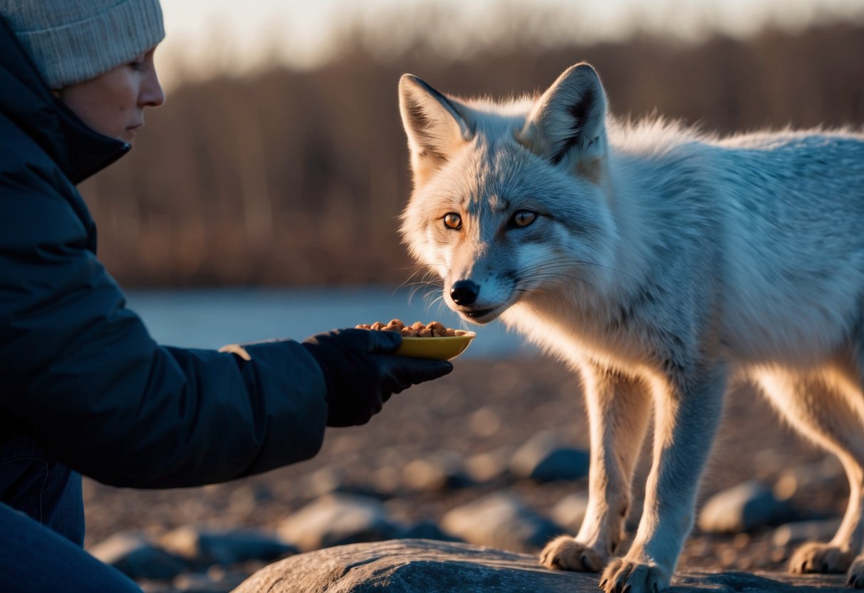 An arctic fox cautiously approaches a person holding out food, showing signs of potential taming