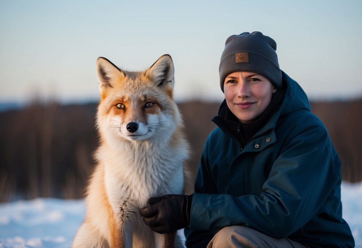An arctic fox sits calmly next to a person, showing signs of trust and domestication
