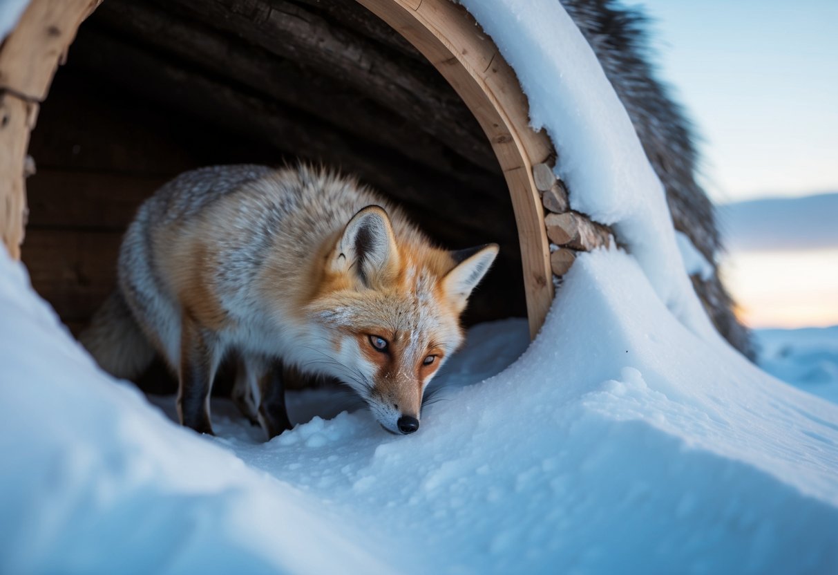 An arctic fox nuzzles into a cozy den, surrounded by snowy landscapes and icy blue skies