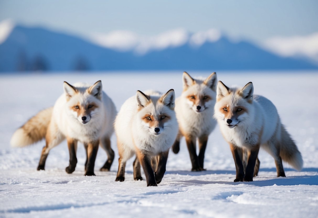 A group of arctic foxes playfully frolic in a snowy landscape, their fluffy white fur standing out against the icy backdrop