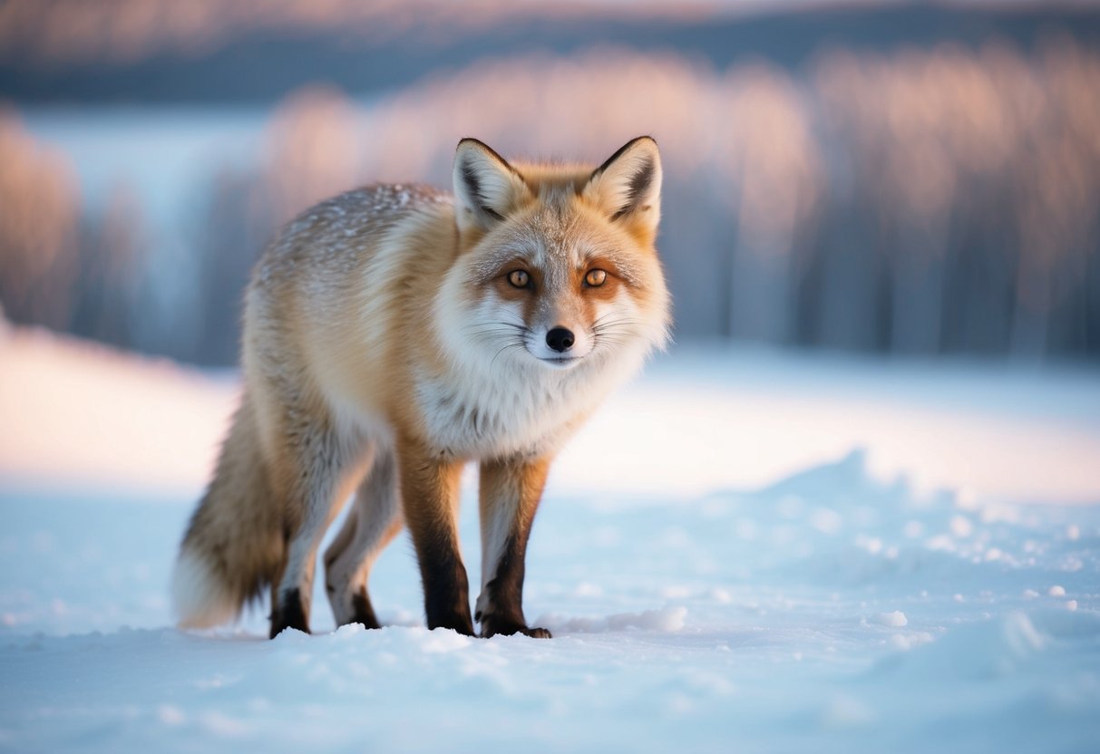 An arctic fox blending into snow-covered terrain