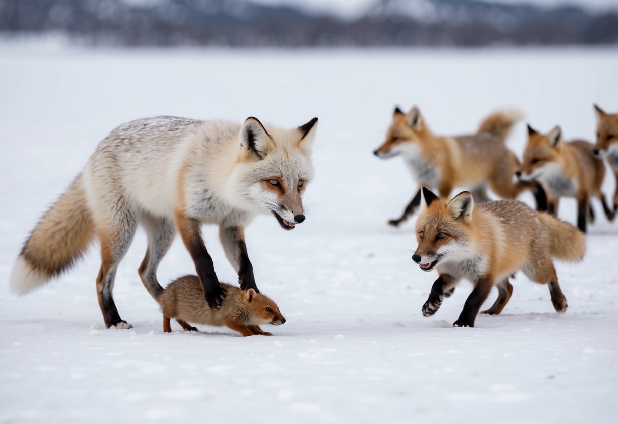 An arctic fox pouncing on a lemming, its white fur blending into the snowy landscape. Nearby, a family of foxes playfully chasing each other in the snow