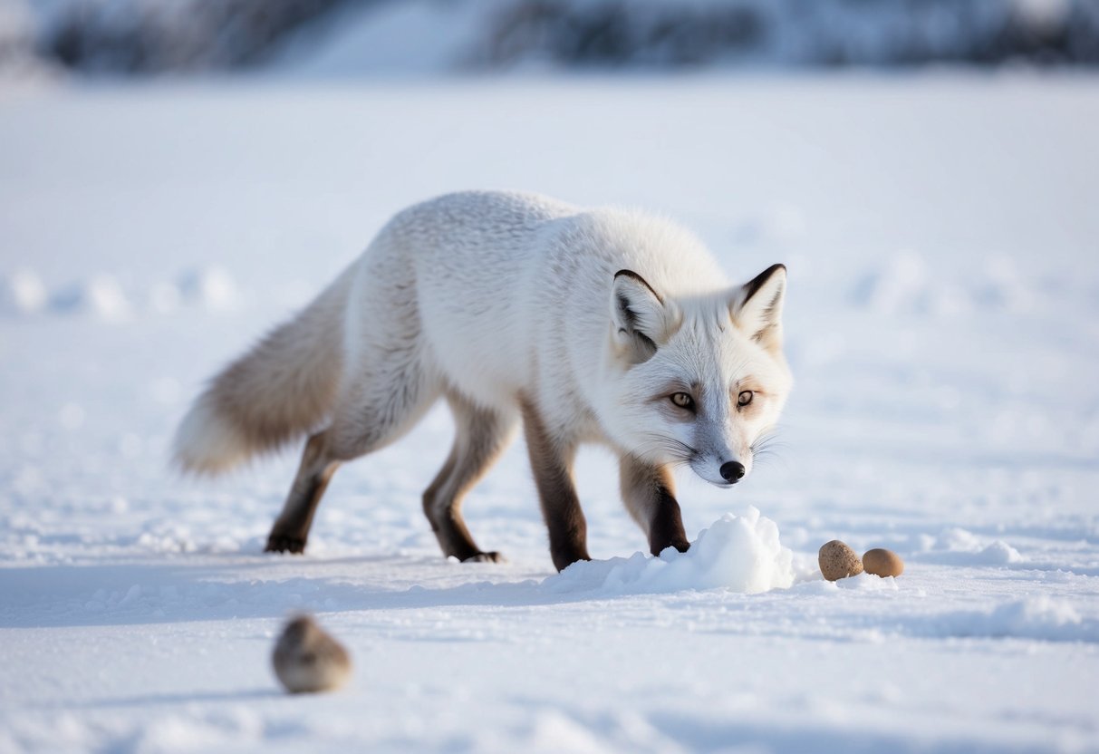 An arctic fox prowls through a snowy landscape, its white fur blending with the icy surroundings. It scavenges for food, digging through the snow to uncover small rodents and bird eggs