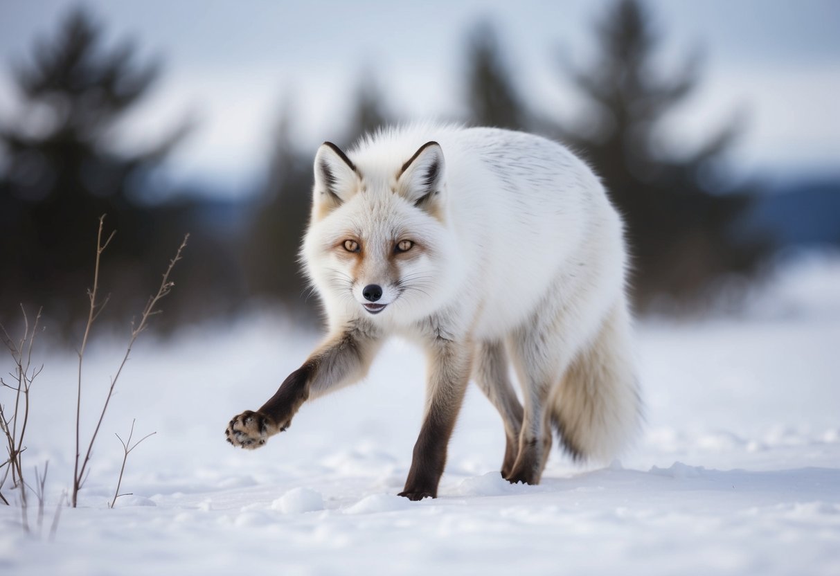 An arctic fox hunting for food in the snowy tundra, blending in with its white fur and using its keen senses to survive harsh conditions
