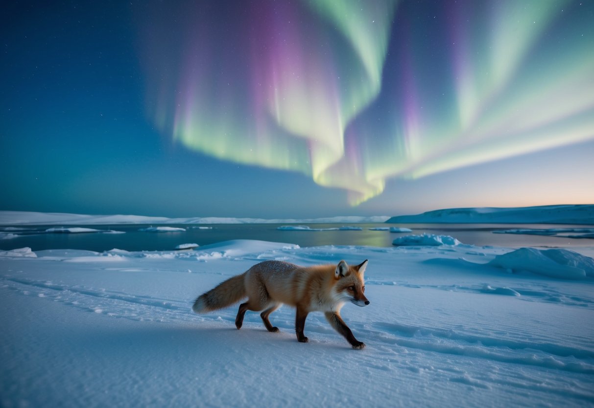 An arctic fox roams across a snowy landscape, surrounded by icy tundra and frozen lakes. The northern lights dance in the sky above