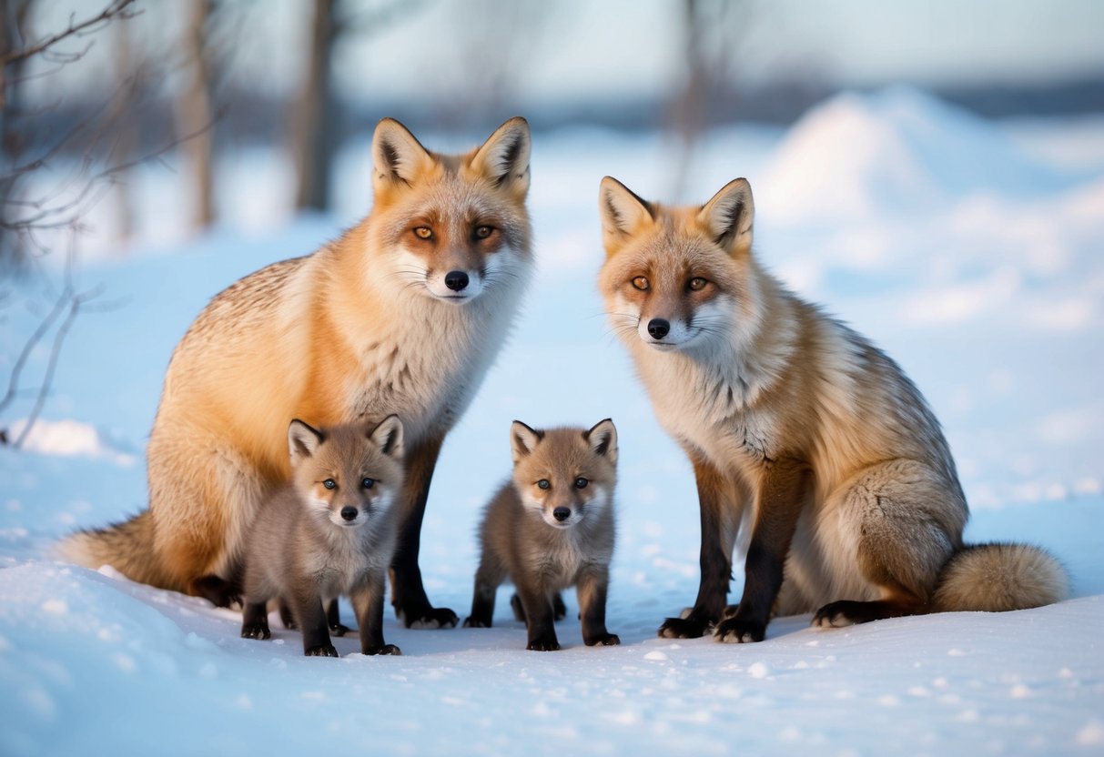 An arctic fox family with parents and pups in a snowy den