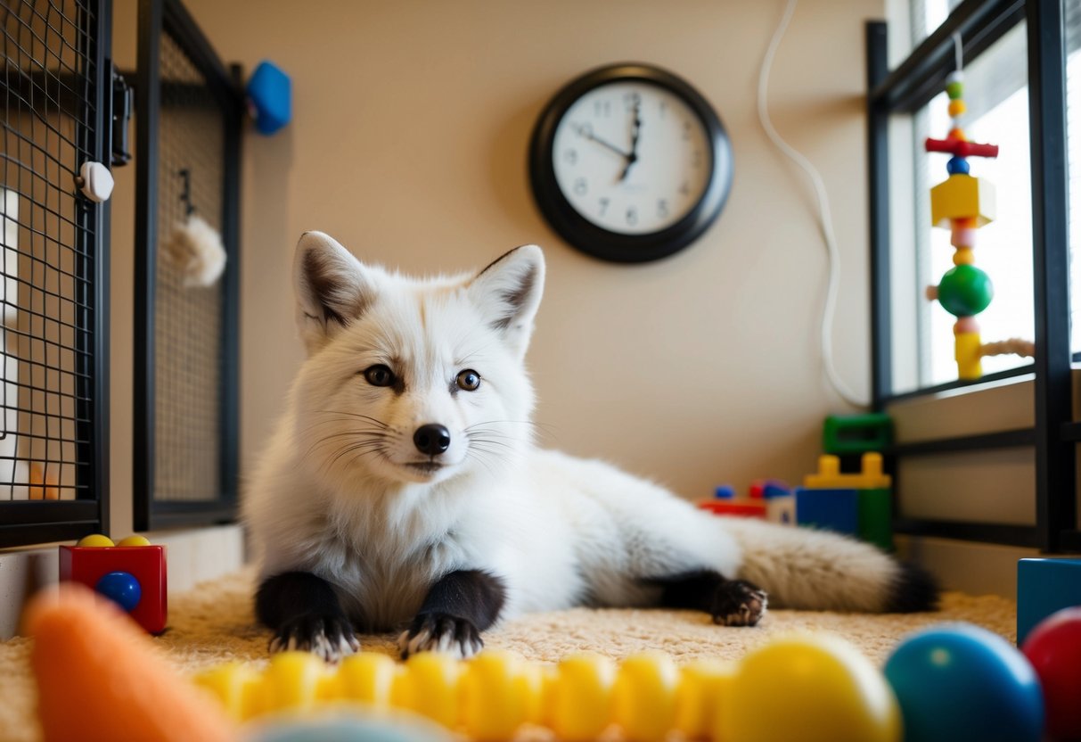 An arctic fox lounges in a cozy indoor enclosure, surrounded by toys and enrichment activities. A clock on the wall shows the passage of time