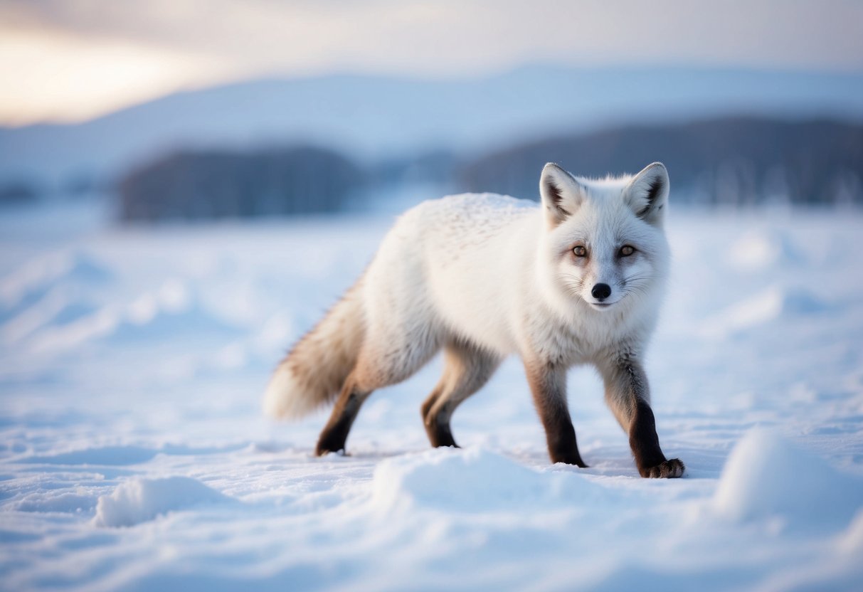An arctic fox frolics in a snowy landscape, its white fur blending into the icy surroundings