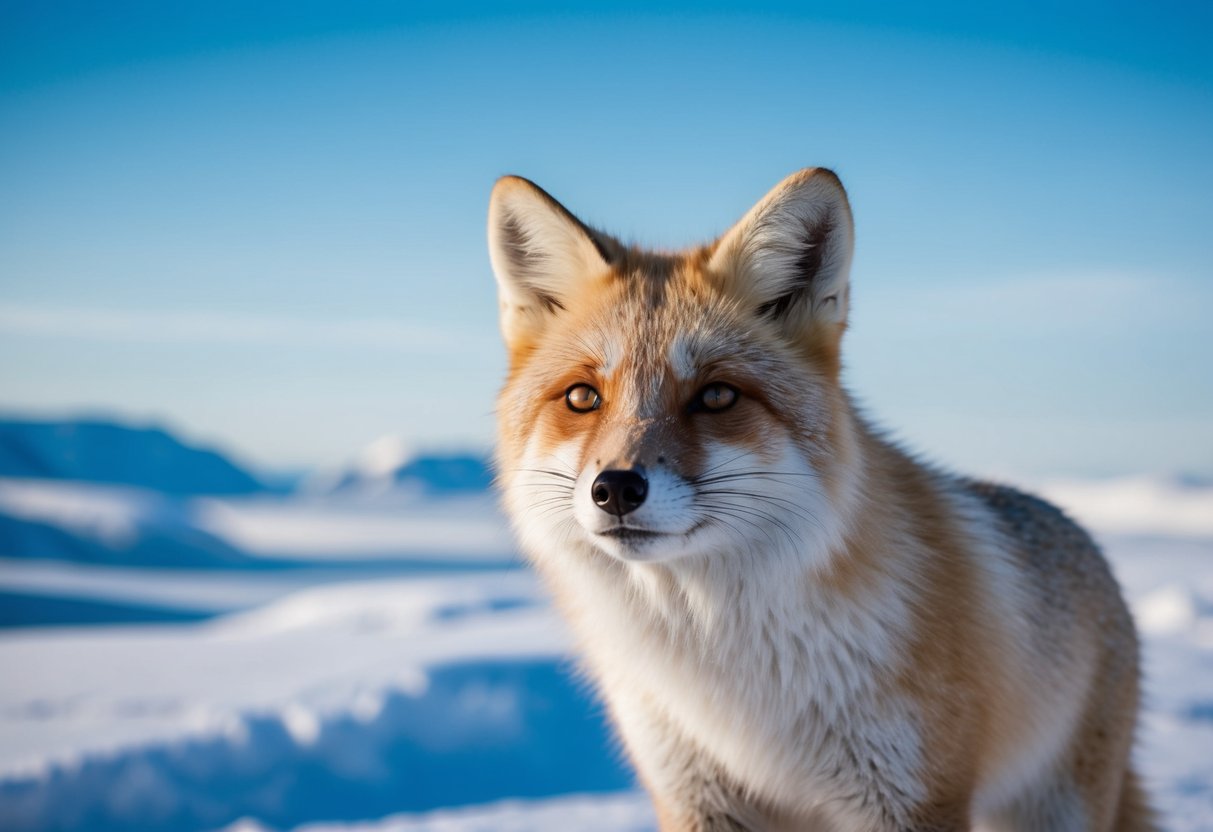 An arctic fox in a spacious, natural habitat, with snow-covered landscapes and a clear, blue sky overhead