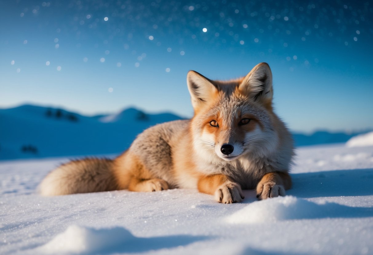 An Arctic Fox resting in a snowy landscape, with a cozy den and a clear, starry sky above