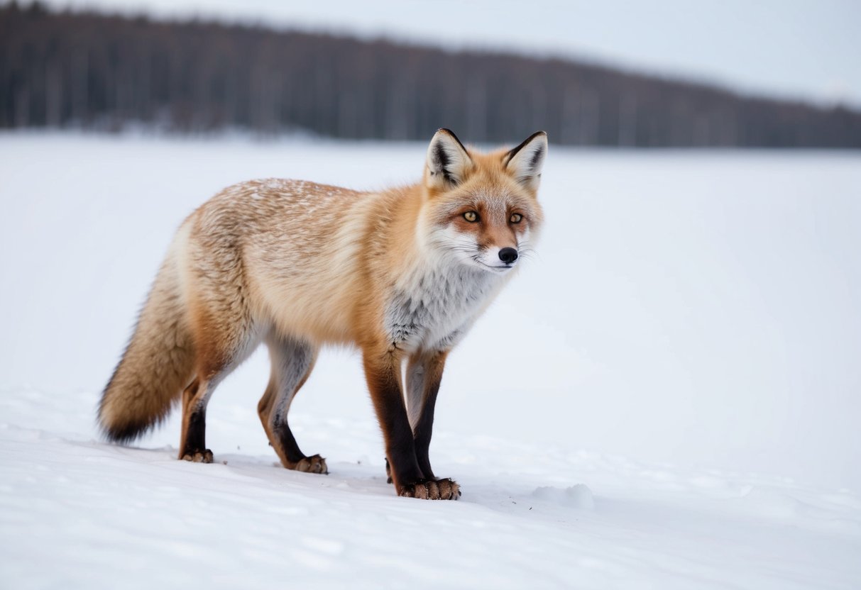 An arctic fox stands on a snowy hill, its fur stained with blood from a recent kill. The fox looks around cautiously, surrounded by a pristine white landscape