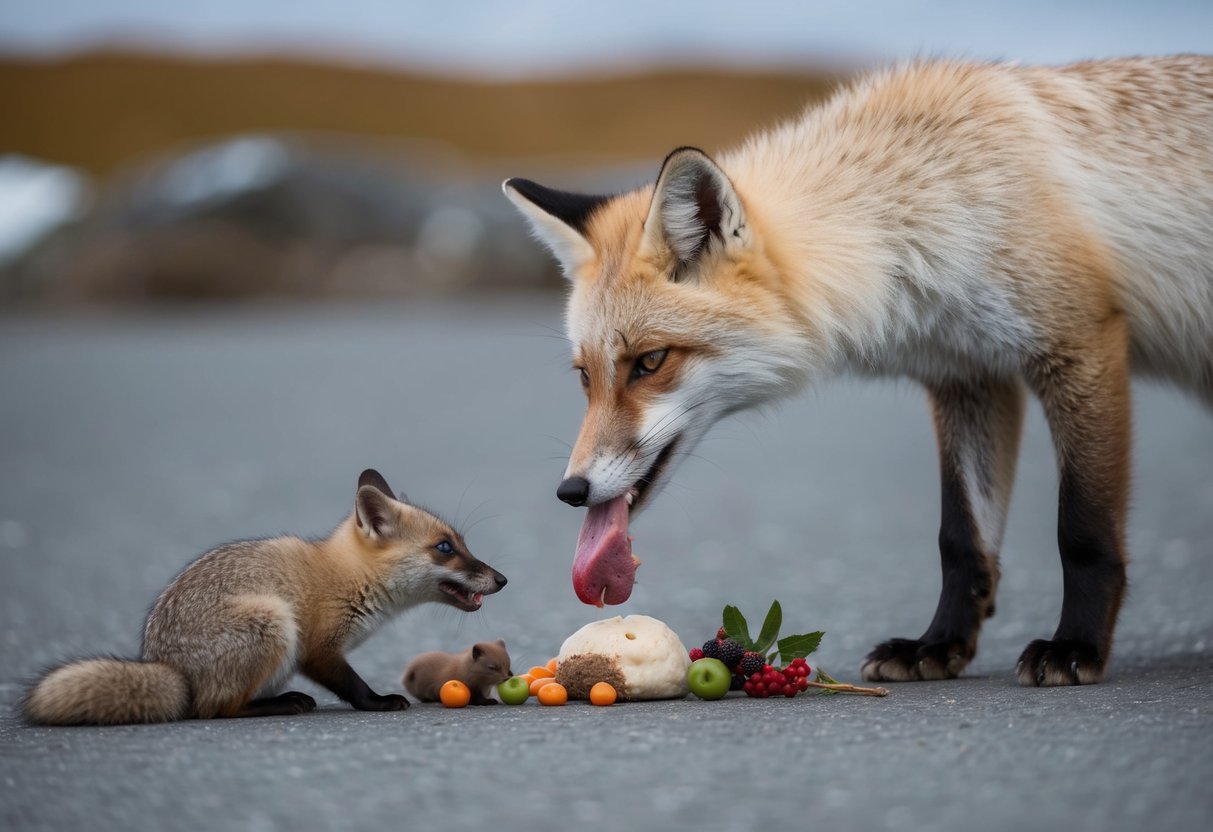 An arctic fox sniffs at a variety of food items, including small mammals, birds, and berries, before selecting a piece of meat to eat