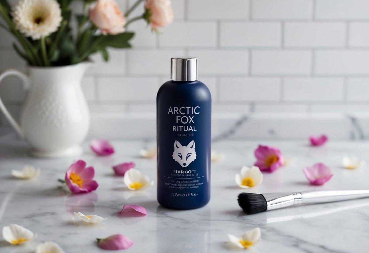 A bottle of Arctic Fox Ritual hair dye sits on a white marble counter, surrounded by scattered flower petals and a pristine silver brush