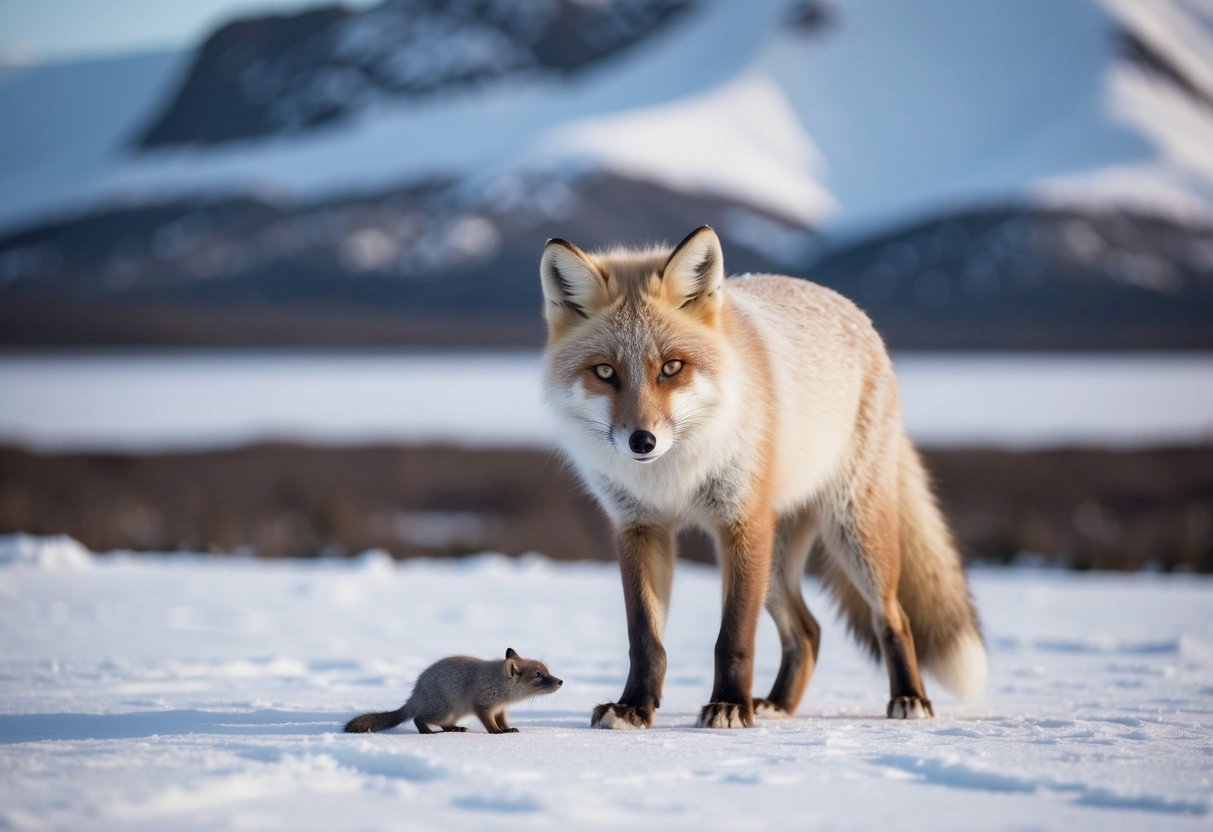 An arctic fox stands in a snowy landscape, surrounded by tundra and mountains. It sniffs at a small rodent, its keen eyes scanning for food