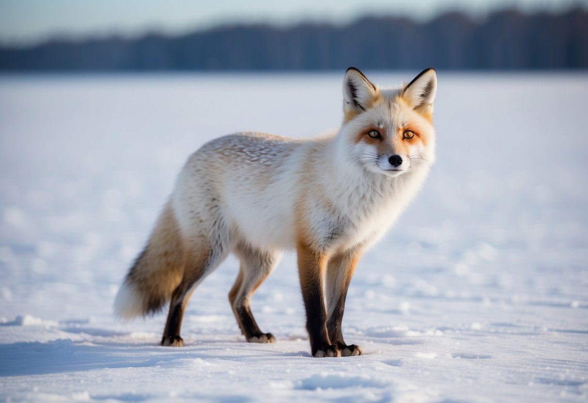 A white fox stands against a snowy backdrop, its fur gleaming with the vibrant colors of the Arctic Fox Ritual dye