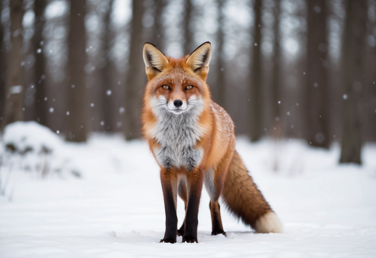 A fox with jewel-toned burgundy fur stands in a snowy forest, its coat blending seamlessly with the wintry surroundings