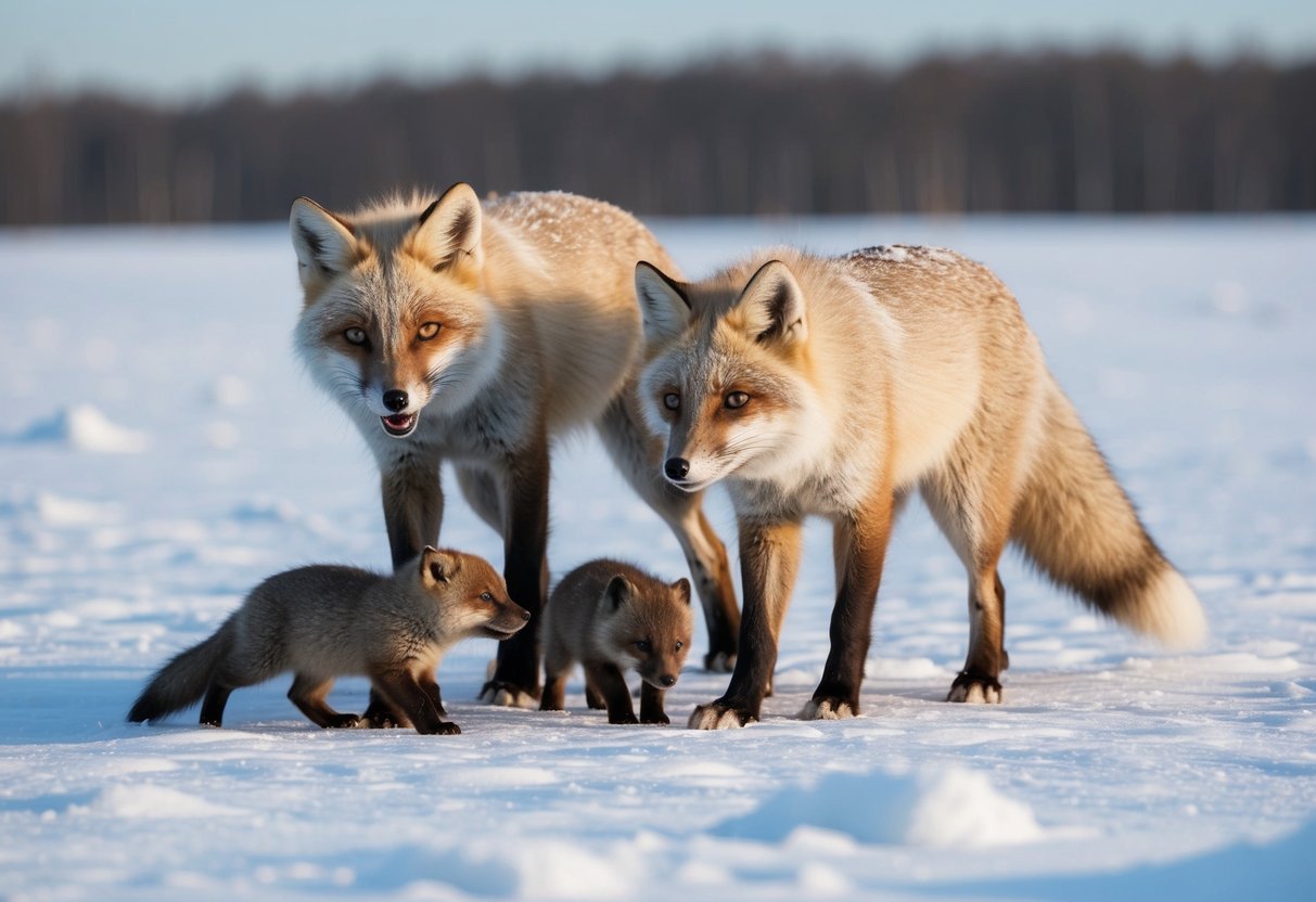 An arctic fox family hunts for lemmings in the snow-covered tundra. The adults work together to catch the small rodents, while the pups play nearby