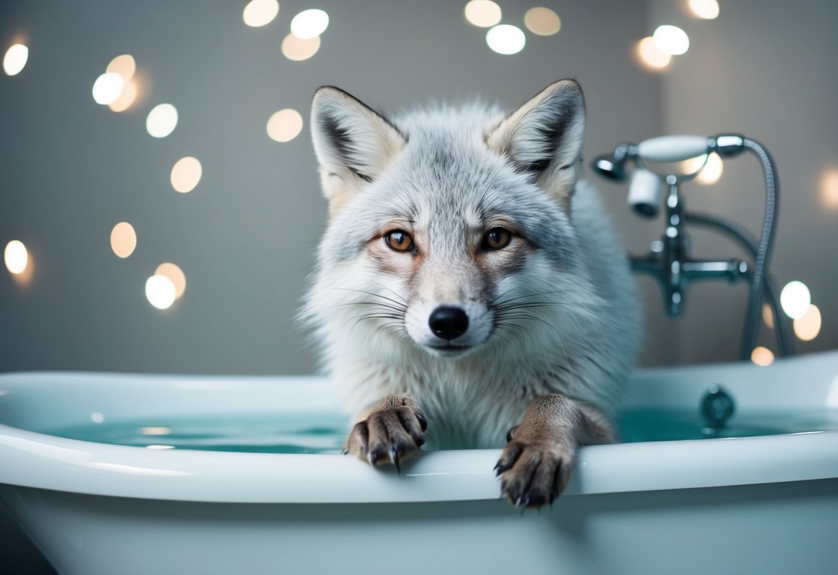 An arctic fox stands in a bathtub, surrounded by water and pawing at the edges