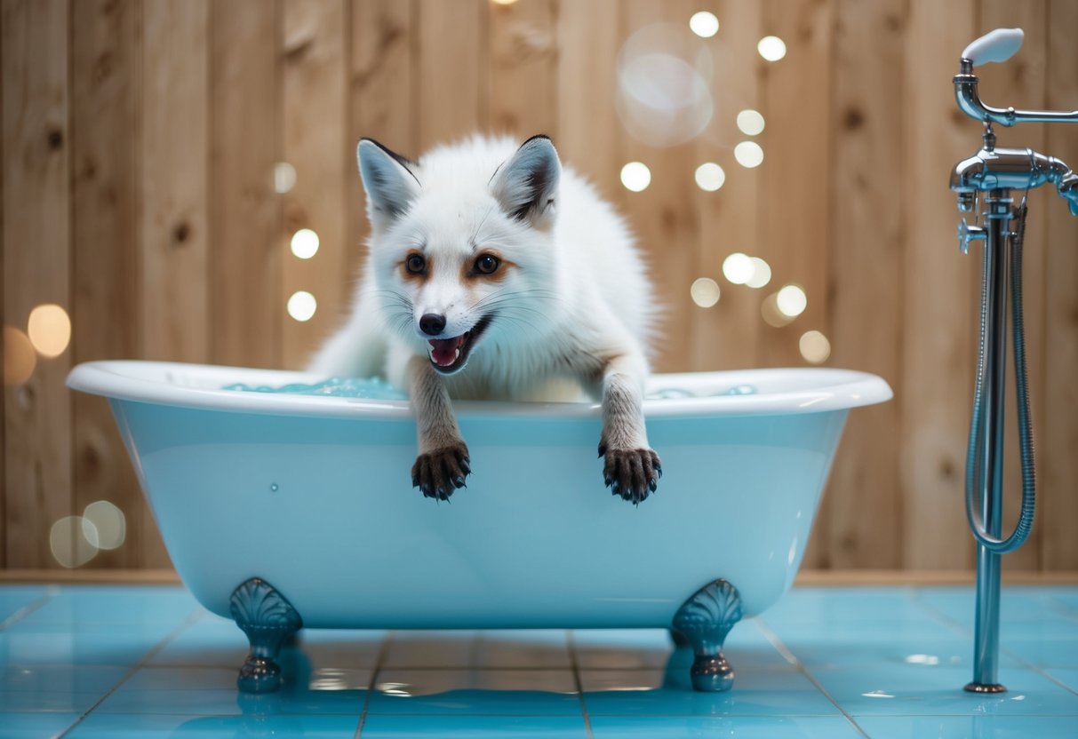 A bathtub filled with water and an arctic fox struggling to climb out