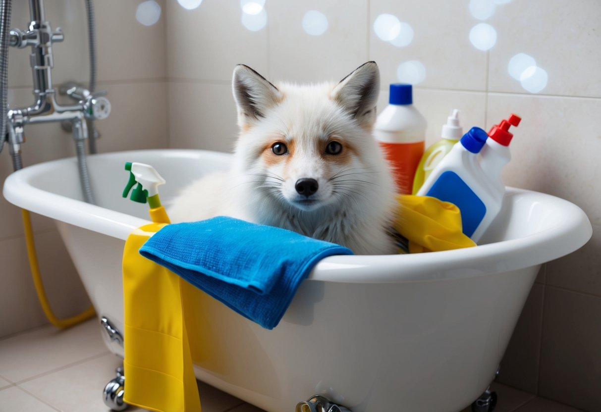 An arctic fox trapped in a bathtub, surrounded by cleaning agents and tools