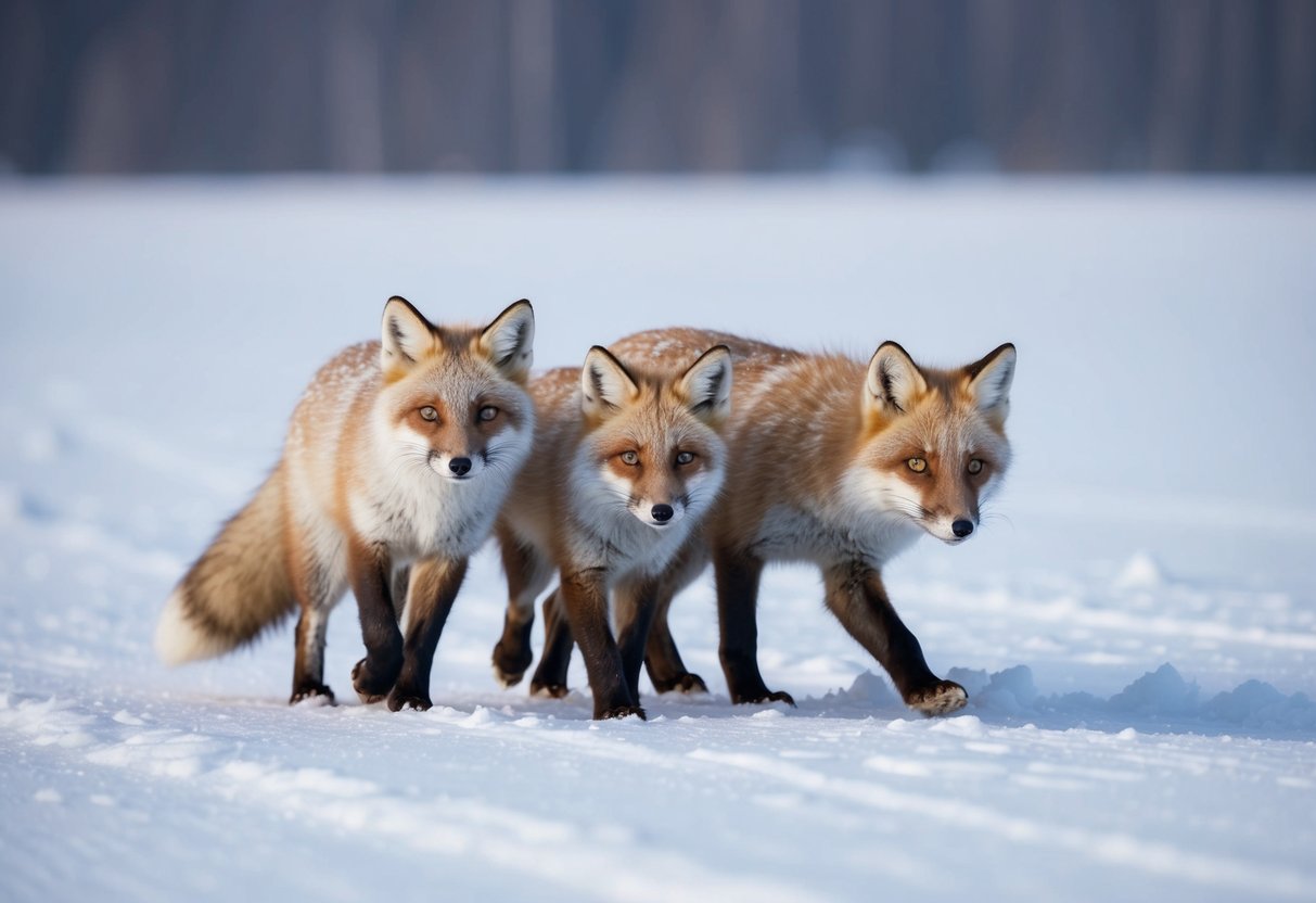 An arctic fox family navigating through a snowy landscape, with a few remaining members representing the declining population