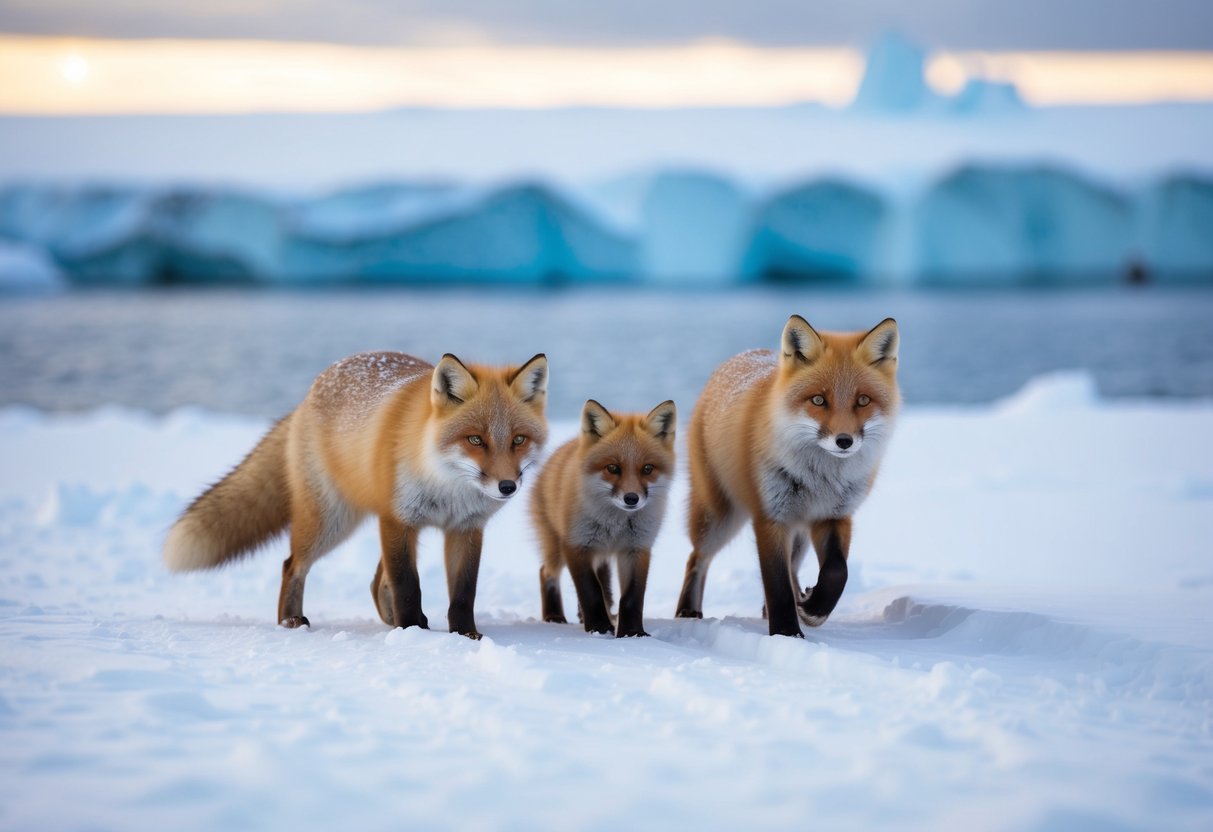 An arctic fox family navigating through a snow-covered landscape, with a backdrop of melting ice and a dwindling population of their species