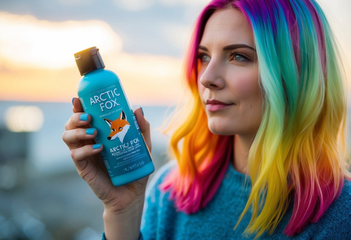 A person with vibrant, freshly dyed hair examines a bottle of Arctic Fox Hair Dye, pondering whether to shampoo after application