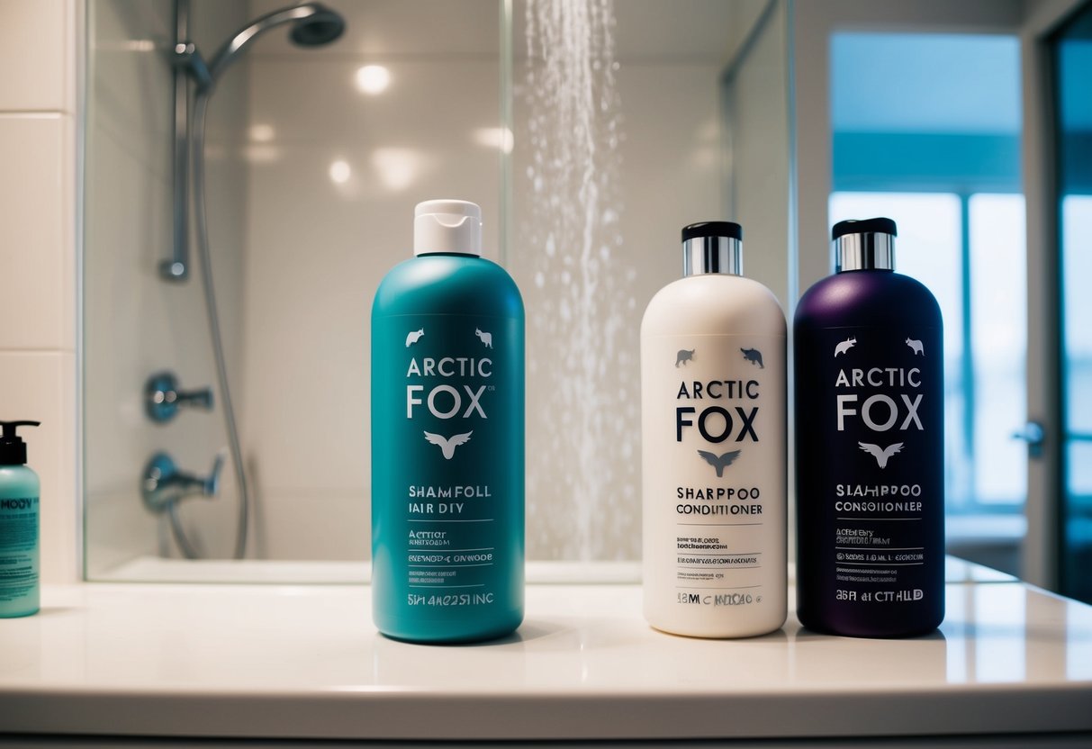 A bottle of Arctic Fox Hair Dye sits next to a bottle of shampoo and conditioner on a bathroom counter. The shower is running in the background