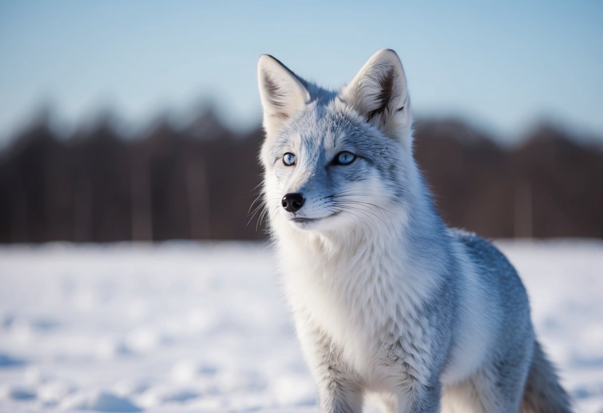An arctic fox with transylvania blue fur stands against a snowy backdrop, its piercing eyes gazing into the distance