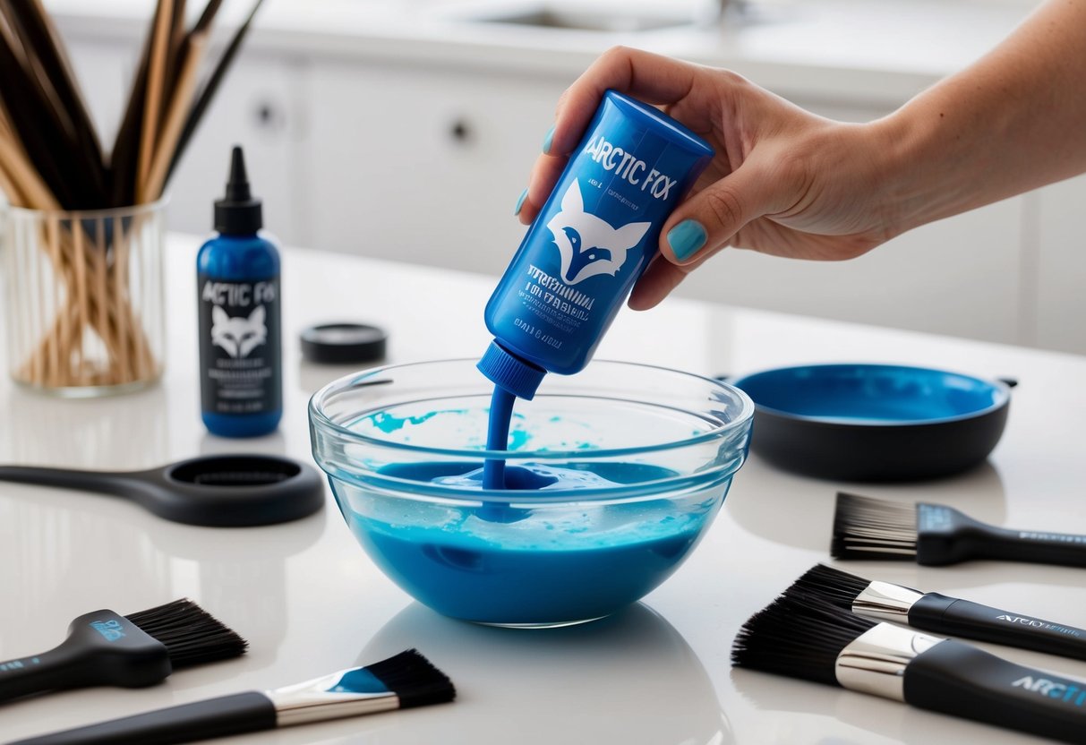 A bottle of Arctic Fox Transylvania Blue hair dye being mixed in a glass bowl, surrounded by various hair coloring tools and brushes on a clean white countertop