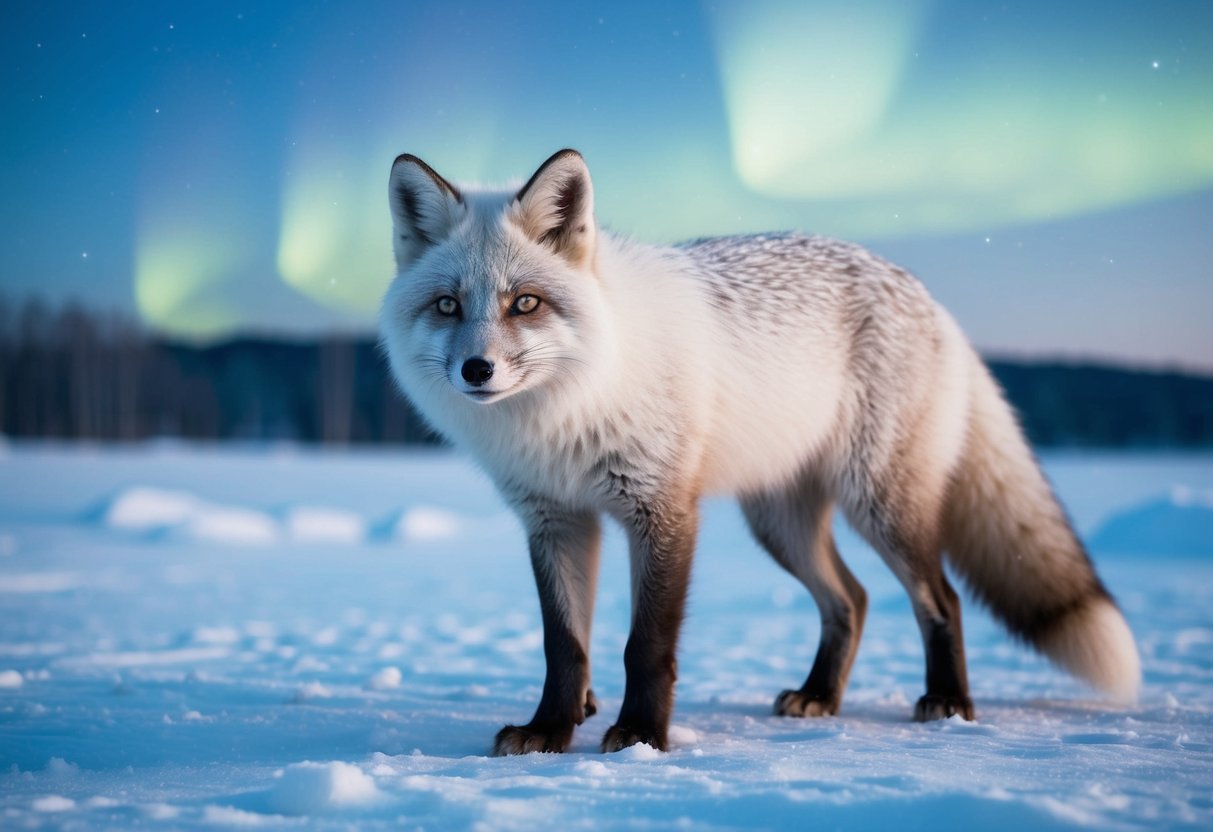 An arctic fox with a thick white coat stands in a snowy landscape, its fur tinged with shades of blue and gray under the northern lights