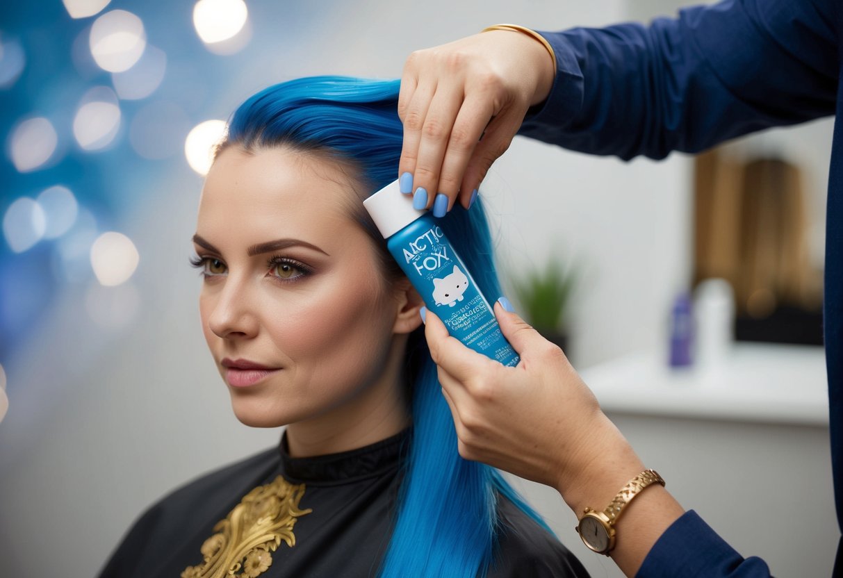 A person gently applies Arctic Fox Transylvania Blue hair dye to their colored hair, carefully ensuring even coverage