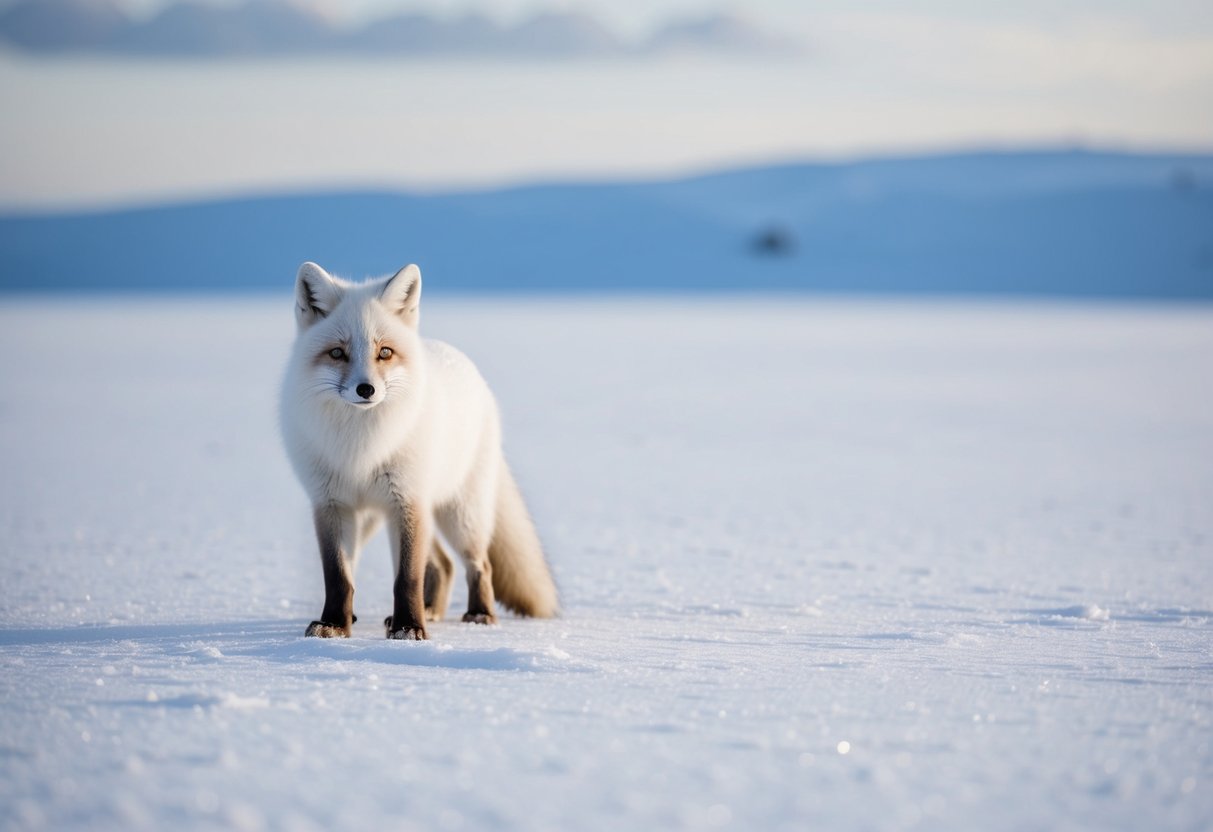 An arctic fox stands alone on a vast, snow-covered landscape, its white fur blending seamlessly with the icy surroundings