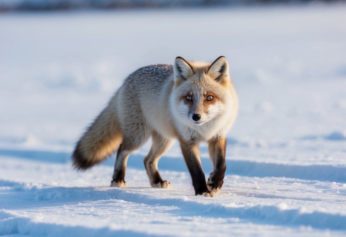 An arctic fox traverses a snowy tundra, blending into the white landscape. Its thick fur and small frame make it well-adapted to the harsh environment