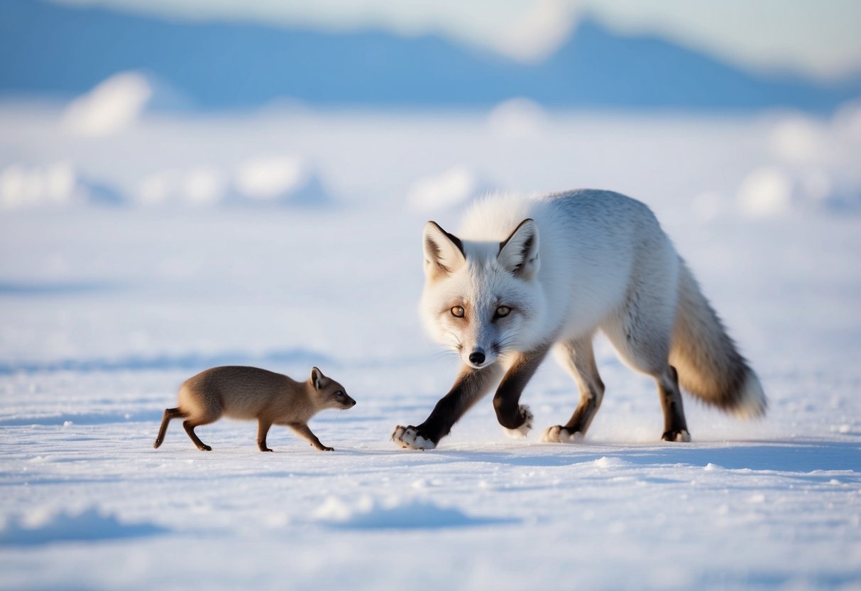An arctic fox stealthily stalks a lemming through the snowy tundra, its white fur blending seamlessly with the icy landscape