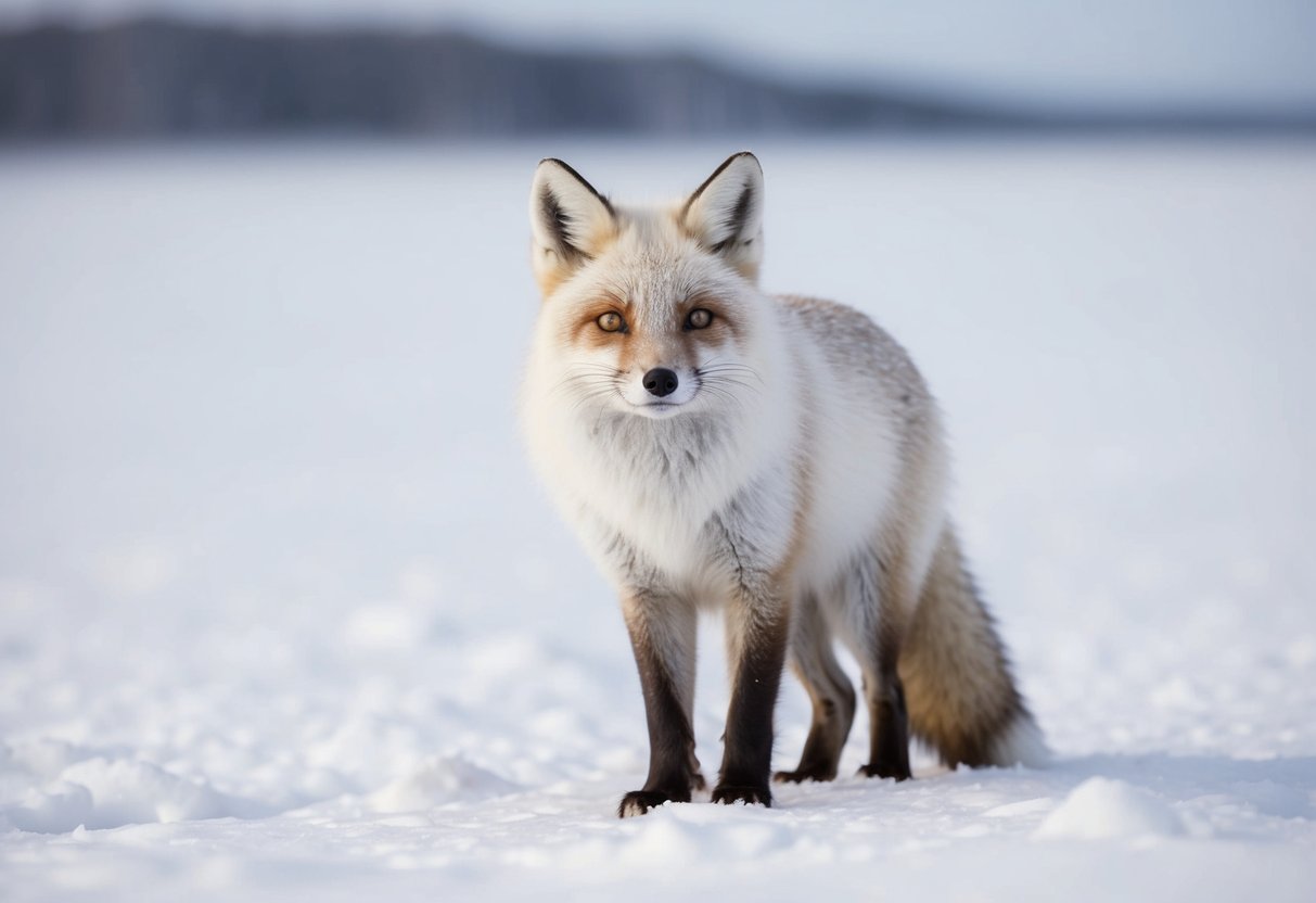 An arctic fox with thick white fur blends into the snowy landscape, its small ears and compact body adapted for survival in the harsh environment