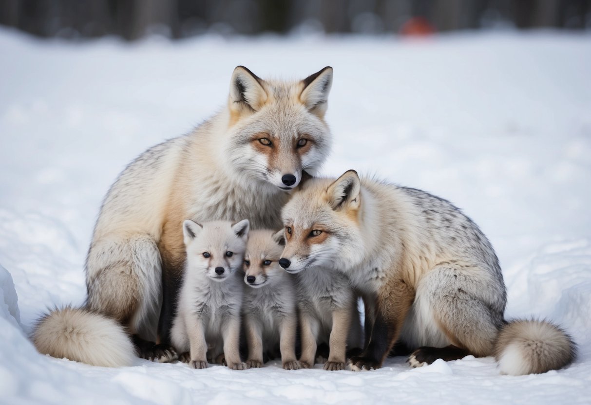An arctic fox mother and her pups huddle together in a snowy den, the mother grooming and protecting her young as they grow