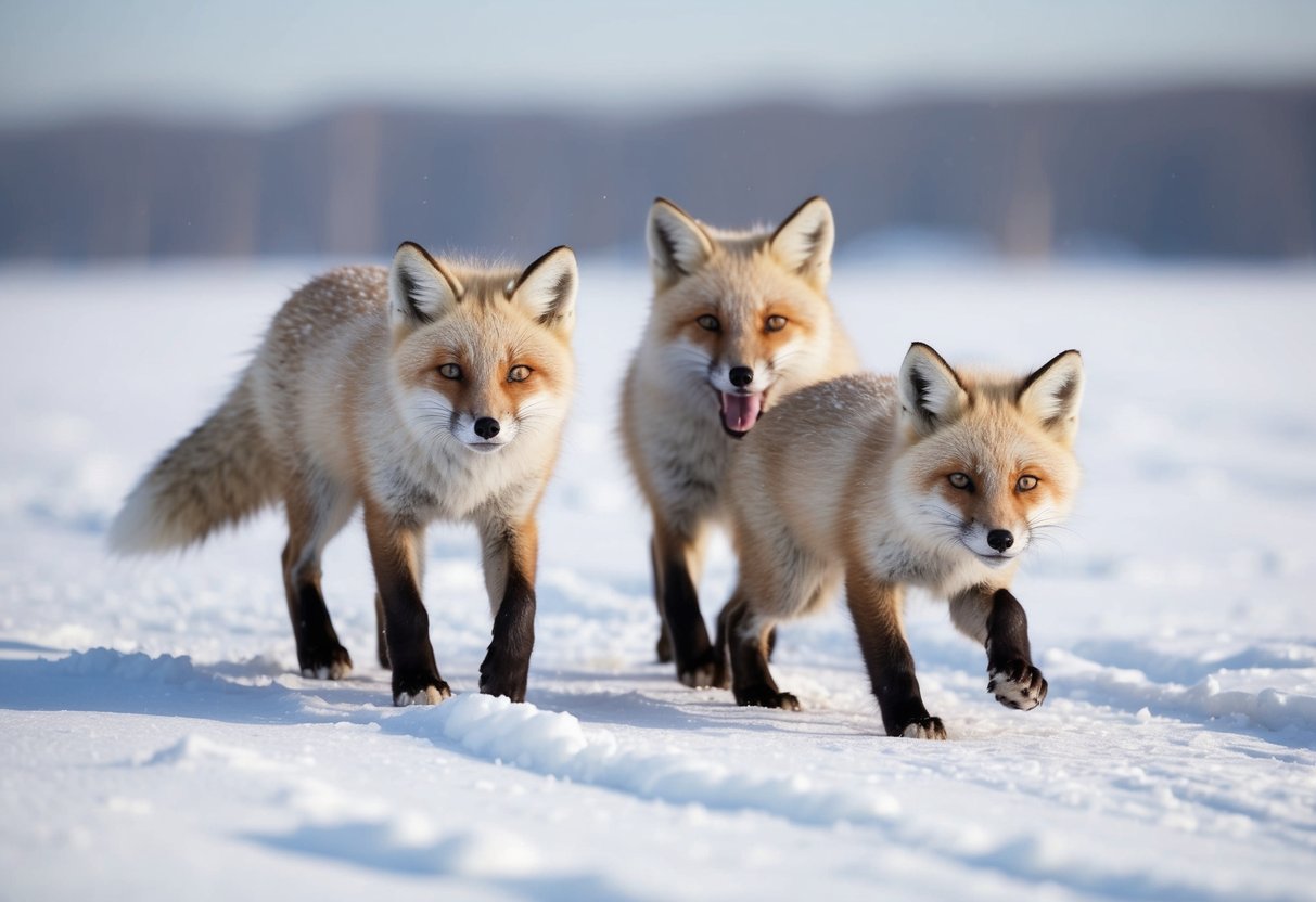 Two young Arctic foxes playfully follow their mother through the snowy tundra, their fluffy white coats blending in with the icy landscape