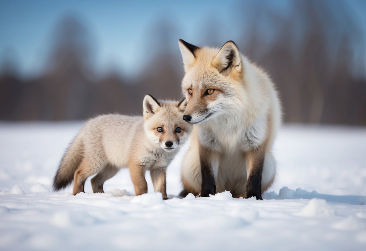 An arctic fox pup stays close to its mother in the snowy tundra, seeking warmth and protection