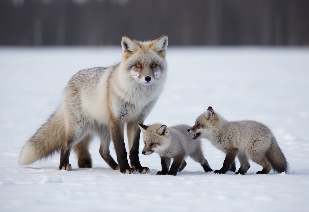 A mother arctic fox watches over her playful kits in the snowy tundra, teaching them to hunt and survive in their harsh environment